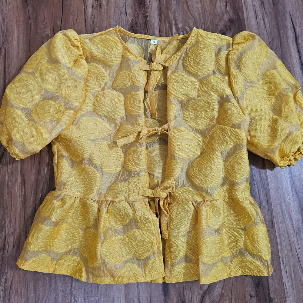 SHEIN Yellow Floral Tie-Front Puff Sleeve Blouse Peplum Top Size Small
